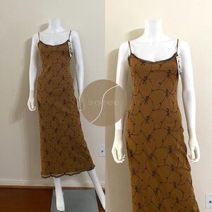 Vintage Betsey Johnson brown/black embroidered spaghetti strap maxi dress